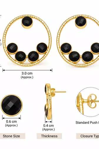 Certified natural freshwater pearls jewellery gold-toned circle stud earrings with black onyx stones