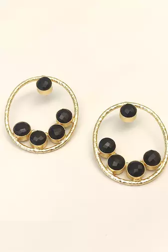 Certified natural freshwater pearls jewellery gold-toned circle stud earrings with black onyx stones