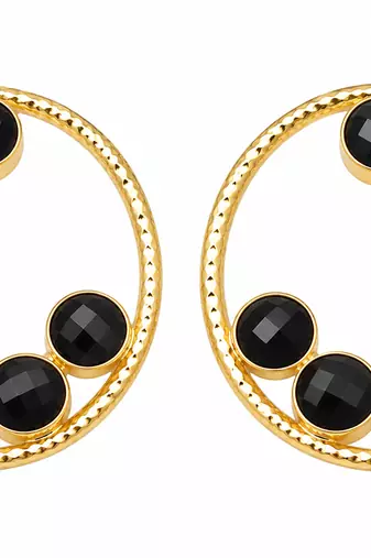 Certified natural freshwater pearls jewellery gold-toned circle stud earrings with black onyx stones
