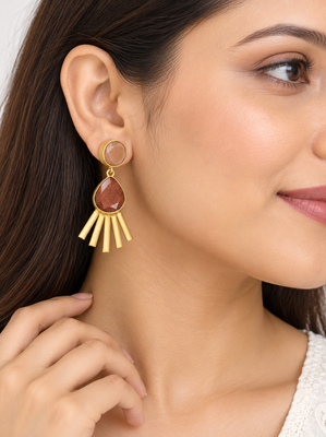 Certified natural freshwater pearls jewellery gold-toned peach & brown stone drop earrings with fan fringe 1