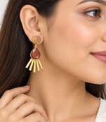 Certified natural freshwater pearls jewellery gold-toned peach & brown stone drop earrings with fan fringe