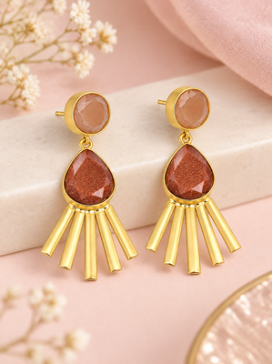 Certified natural freshwater pearls jewellery gold-toned peach & brown stone drop earrings with fan fringe 2