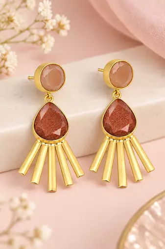 Certified natural freshwater pearls jewellery gold-toned peach & brown stone drop earrings with fan fringe
