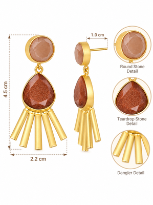 Certified natural freshwater pearls jewellery gold-toned peach & brown stone drop earrings with fan fringe 3