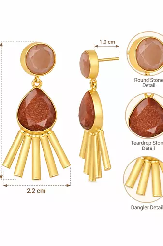 Certified natural freshwater pearls jewellery gold-toned peach & brown stone drop earrings with fan fringe