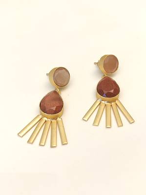 Certified natural freshwater pearls jewellery gold-toned peach & brown stone drop earrings with fan fringe 4