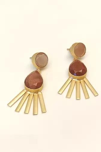 Certified natural freshwater pearls jewellery gold-toned peach & brown stone drop earrings with fan fringe