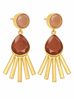 Certified natural freshwater pearls jewellery gold-toned peach & brown stone drop earrings with fan fringe 5