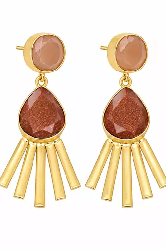 Certified natural freshwater pearls jewellery gold-toned peach & brown stone drop earrings with fan fringe