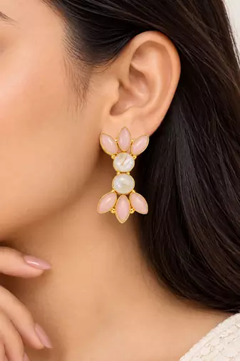 Certified natural freshwater pearls jewellery pink opal & moonstone gold-toned floral stud earrings
