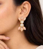 Certified natural freshwater pearls jewellery pink opal & moonstone gold-toned floral stud earrings