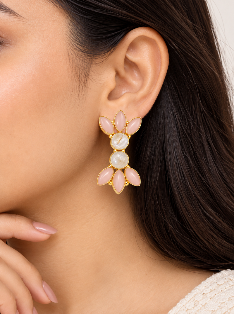 Certified natural freshwater pearls jewellery pink opal & moonstone gold-toned floral stud earrings