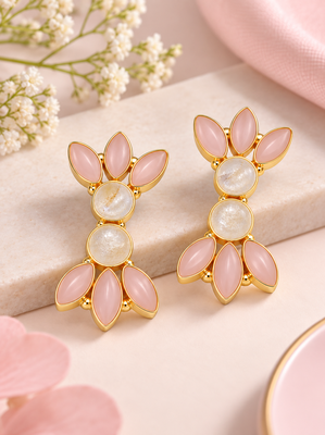 Certified natural freshwater pearls jewellery pink opal & moonstone gold-toned floral stud earrings 2