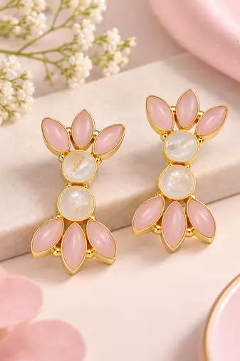 Certified natural freshwater pearls jewellery pink opal & moonstone gold-toned floral stud earrings