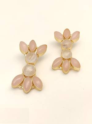 Certified natural freshwater pearls jewellery pink opal & moonstone gold-toned floral stud earrings 4