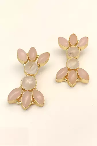 Certified natural freshwater pearls jewellery pink opal & moonstone gold-toned floral stud earrings