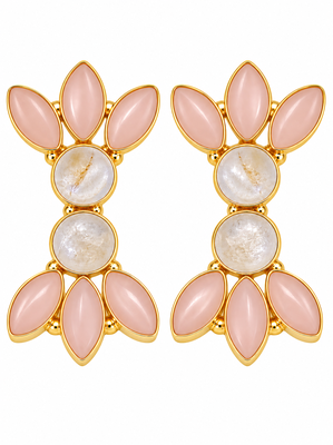 Certified natural freshwater pearls jewellery pink opal & moonstone gold-toned floral stud earrings 5