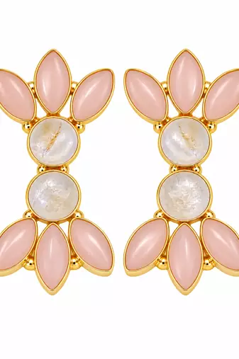 Certified natural freshwater pearls jewellery pink opal & moonstone gold-toned floral stud earrings