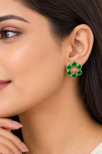 Certified natural freshwater pearls jewellery green stone floral circle stud earrings with gold bezel setting