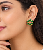 Certified natural freshwater pearls jewellery green stone floral circle stud earrings with gold bezel setting