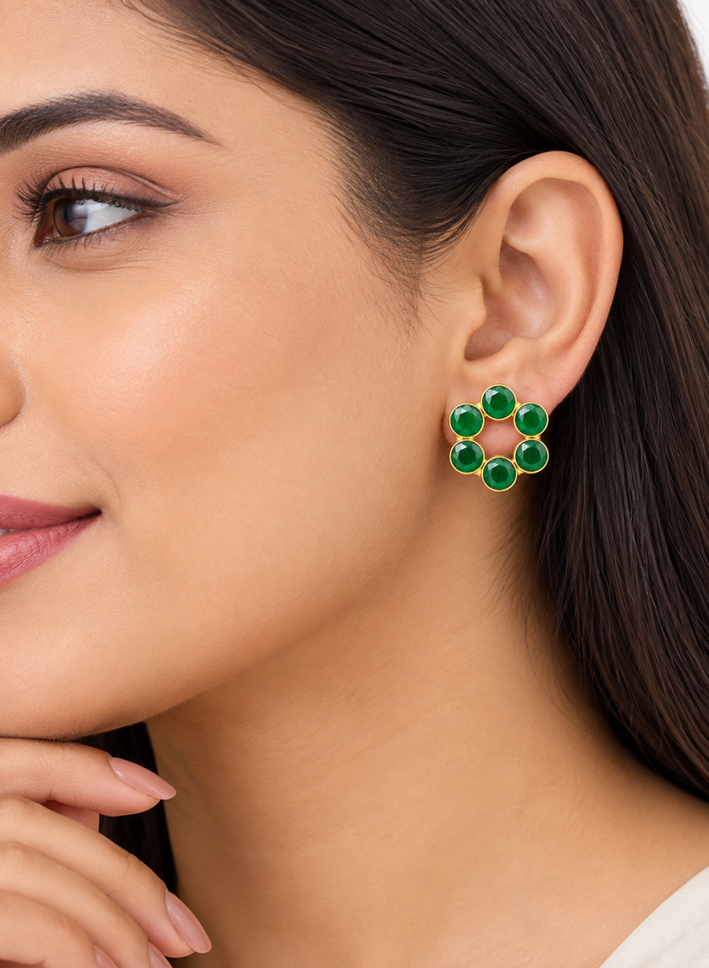 Certified natural freshwater pearls jewellery green stone floral circle stud earrings with gold bezel setting