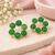 Certified natural freshwater pearls jewellery green stone floral circle stud earrings with gold bezel setting