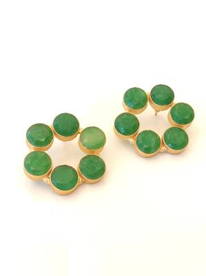 Certified natural freshwater pearls jewellery green stone floral circle stud earrings with gold bezel setting 4
