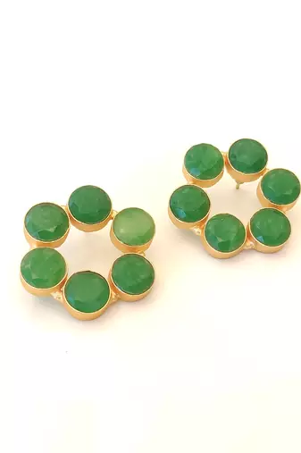 Certified natural freshwater pearls jewellery green stone floral circle stud earrings with gold bezel setting