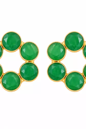 Certified natural freshwater pearls jewellery green stone floral circle stud earrings with gold bezel setting