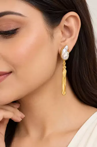 Certified natural freshwater pearls jewellery baroque pearl drop earrings with gold-toned wavy bar pendant