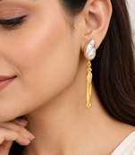 Certified natural freshwater pearls jewellery baroque pearl drop earrings with gold-toned wavy bar pendant