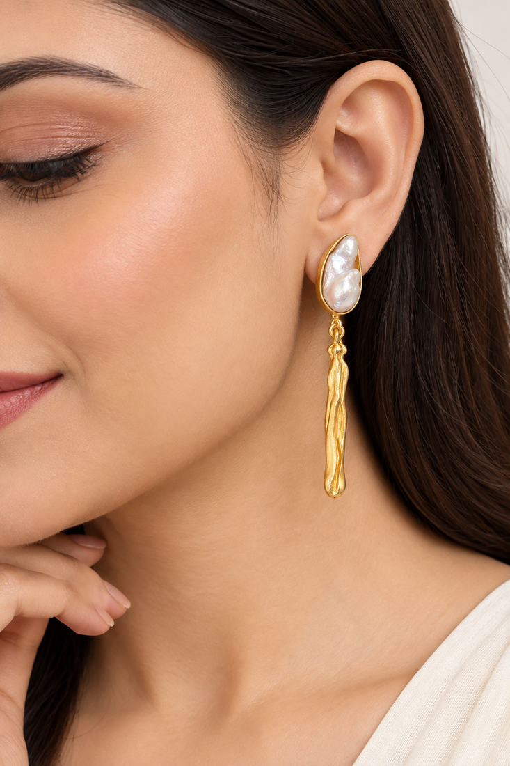 Certified natural freshwater pearls jewellery baroque pearl drop earrings with gold-toned wavy bar pendant