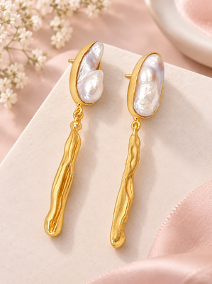 Certified natural freshwater pearls jewellery baroque pearl drop earrings with gold-toned wavy bar pendant 2