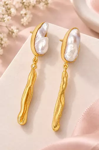 Certified natural freshwater pearls jewellery baroque pearl drop earrings with gold-toned wavy bar pendant