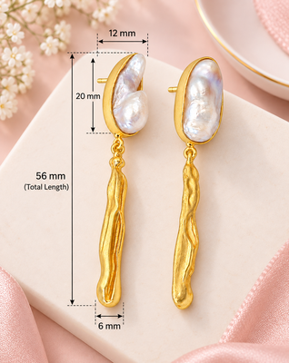 Certified natural freshwater pearls jewellery baroque pearl drop earrings with gold-toned wavy bar pendant 3