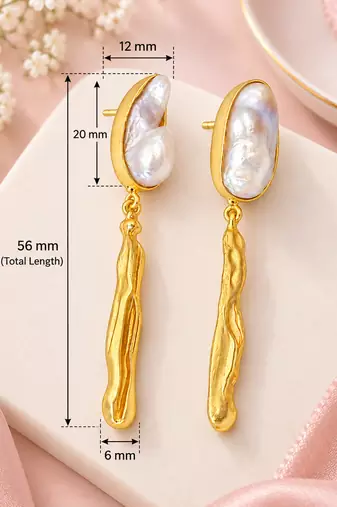 Certified natural freshwater pearls jewellery baroque pearl drop earrings with gold-toned wavy bar pendant