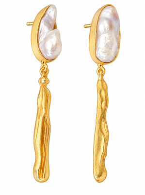 Certified natural freshwater pearls jewellery baroque pearl drop earrings with gold-toned wavy bar pendant 5