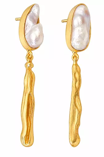 Certified natural freshwater pearls jewellery baroque pearl drop earrings with gold-toned wavy bar pendant