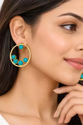 Certified natural freshwater pearls jewellery gold-toned circular hoop earrings with turquoise stone cabochons