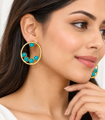 Certified natural freshwater pearls jewellery gold-toned circular hoop earrings with turquoise stone cabochons