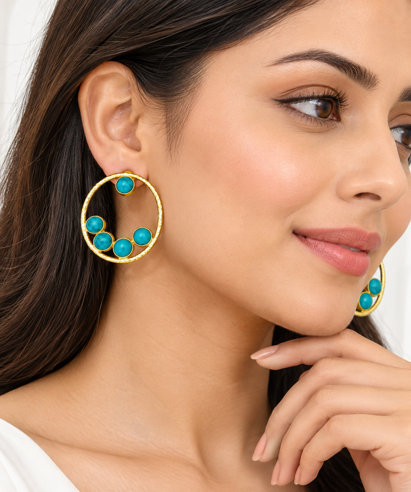 Certified natural freshwater pearls jewellery gold-toned circular hoop earrings with turquoise stone cabochons