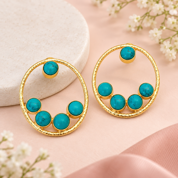 Certified natural freshwater pearls jewellery gold-toned circular hoop earrings with turquoise stone cabochons 2