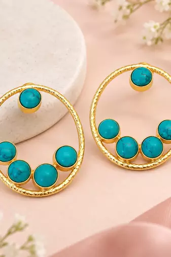Certified natural freshwater pearls jewellery gold-toned circular hoop earrings with turquoise stone cabochons