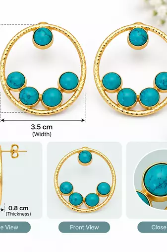 Certified natural freshwater pearls jewellery gold-toned circular hoop earrings with turquoise stone cabochons