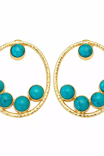 Certified natural freshwater pearls jewellery gold-toned circular hoop earrings with turquoise stone cabochons