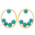 Certified natural freshwater pearls jewellery gold-toned circular hoop earrings with turquoise stone cabochons