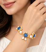 Certified natural freshwater pearls jewellery gold-toned blue hexagon stone & pearl chain bracelet