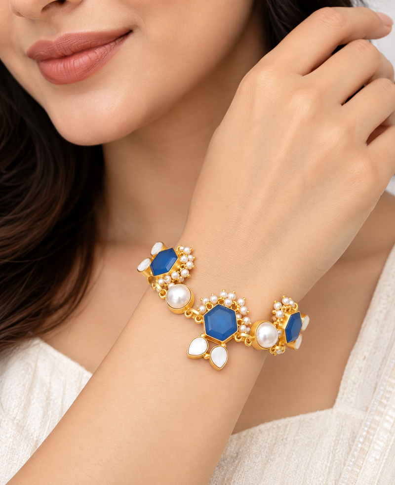 Certified natural freshwater pearls jewellery gold-toned blue hexagon stone & pearl chain bracelet