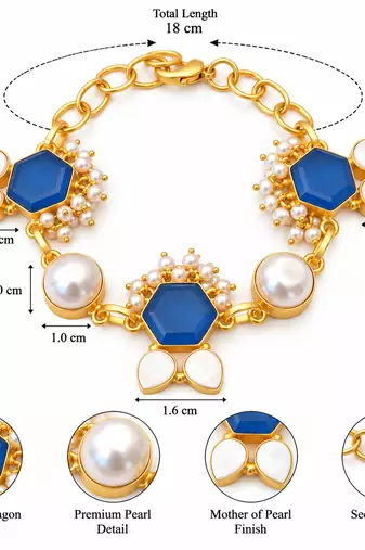 Certified natural freshwater pearls jewellery gold-toned blue hexagon stone & pearl chain bracelet