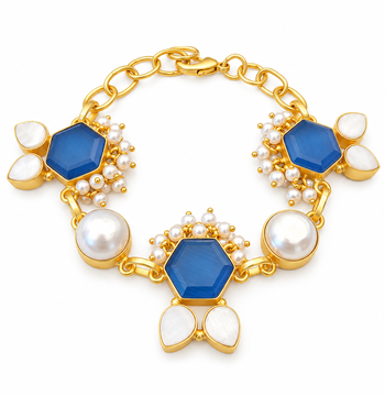 Certified natural freshwater pearls jewellery gold-toned blue hexagon stone & pearl chain bracelet 5
